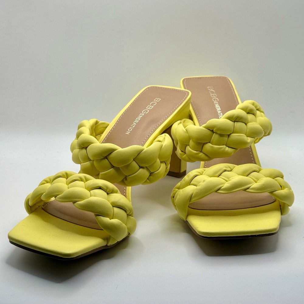 BCBGeneration | Yellow Braided Square Toe Block Heel Slide‎ Sandals Women's 8.5